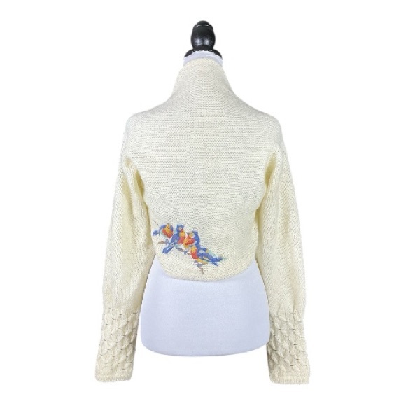 Anthropologie Sleeping on Snow Cream Bird Embroidered Knit Shrug Sweater M/L - Picture 3 of 9